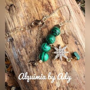 Malachite and gold star charms adorned dainty gemstone bracelet